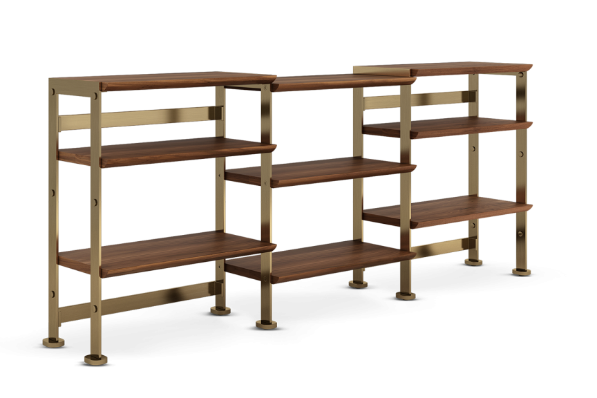 A compact modular bookcase with a metal structure in a brass finish with acacia-wood shelves. Skilful furniture-making culture expressed at its best. 