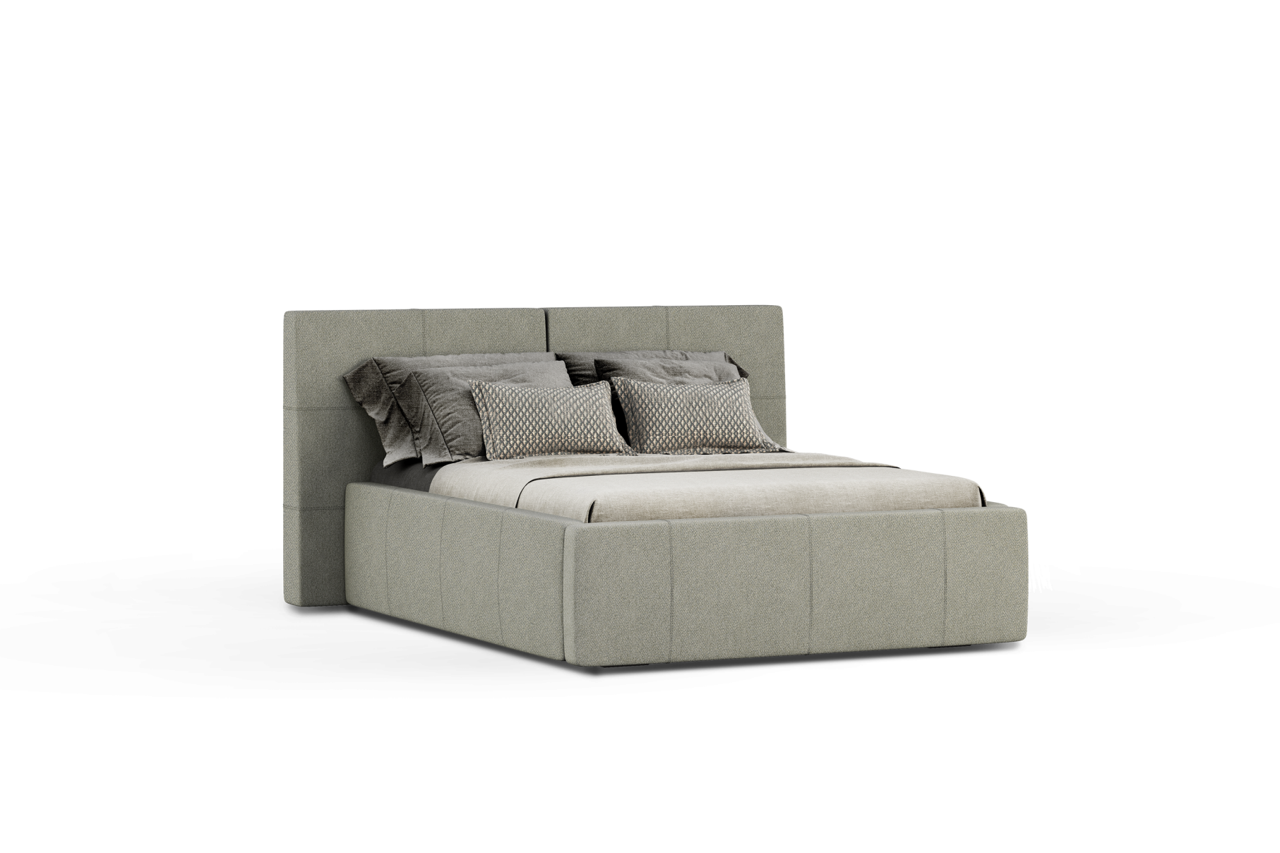 Padded bed with solid wood frame and fabric or leather upholstery, characterised by geometric shapes and a strong personality, in keeping with a sleek contemporary sense of style.