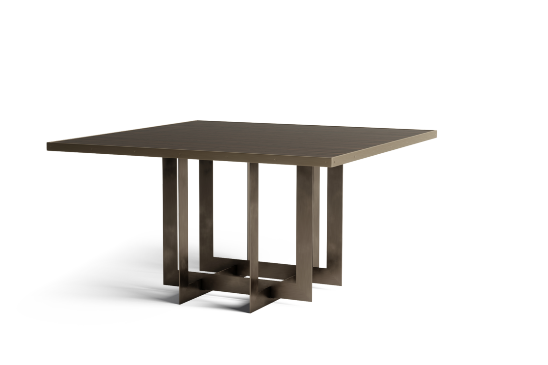 This square steel dining table reflects the colours and architecture typical of the outstanding Venetian architectural tradition; the magic of this magnificent city on the water is evoked through a play on volumes and intersections, glints and tactile sensations.